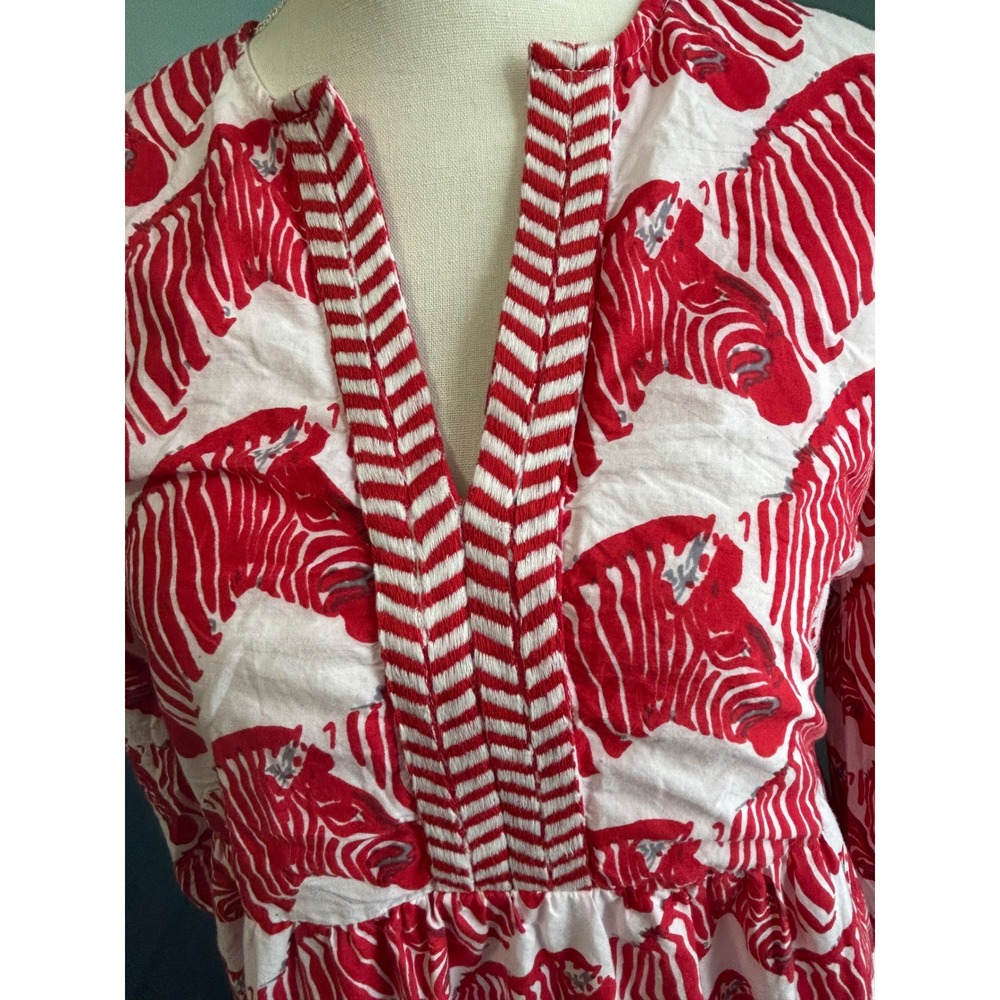 Liza Byrd Red White Zebra Print Cotton Maxi Dress Long Sleeve Tiered V-Neck M - Picture 8 of 9